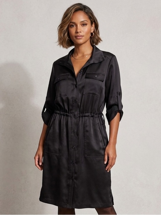 St. John Collection Dresses & Skirts - St. John Black Satin Button Down 3/4 sleeves Midi Dress Size 10